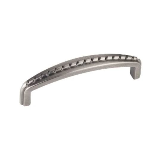 4 1/8in. Overall Length Zinc Cabinet Pull with Rope Detail.  Holes are 96mm center to center.  Packaged with two 8/32in. x 1in. screws. Finish: Brushed Pewter